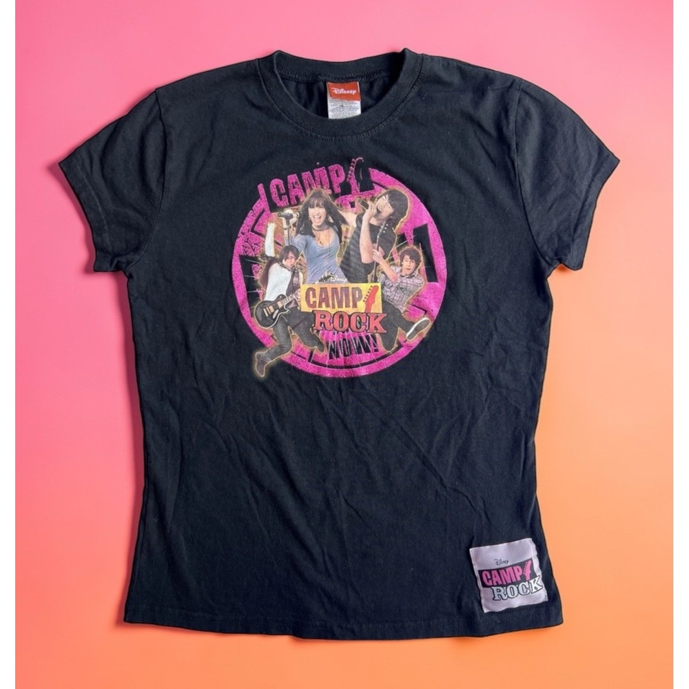 VTG Y2K Disney Camp Rock Jonas Brothers Graphic Tee Pink Logo Girls Sz 14/16 EUC